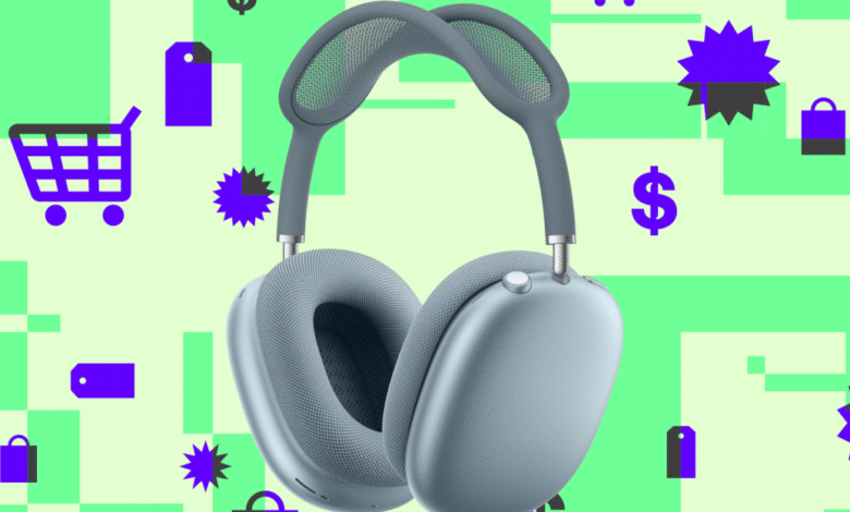 Close-up of blue AirPods Max headphones against a light green background with shopping icons.