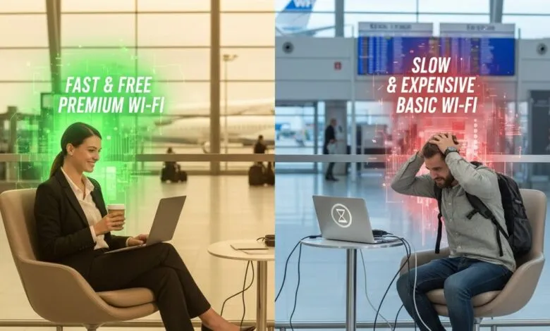 Split image showing a woman enjoying fast Wi-Fi and a man frustrated by slow Wi-Fi in an airport.