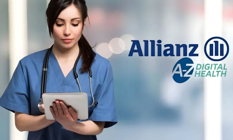 Nurse in blue scrubs holding a tablet with the Allianz Digital Health logo.