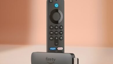 Amazon Fire TV Stick 4K with remote control, featuring Prime Video and Netflix buttons.