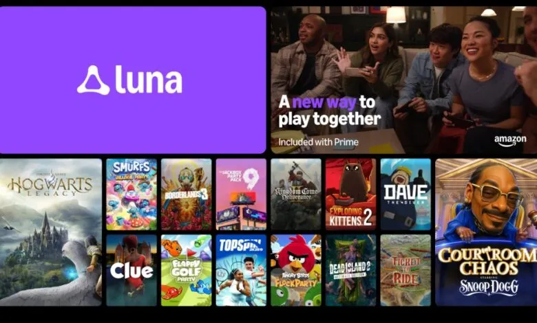 Amazon Luna cloud gaming interface showcasing various game titles and a group of friends playing.