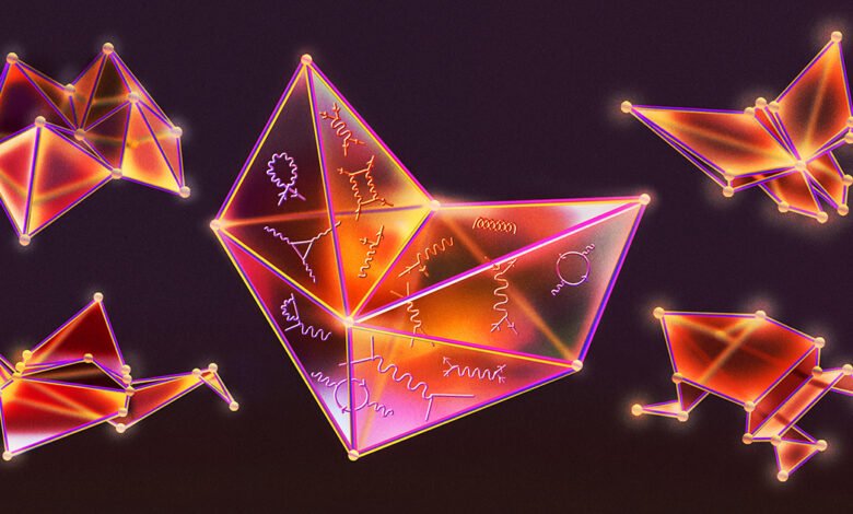 Abstract geometric shapes resembling origami animals with glowing edges and Feynman diagrams.