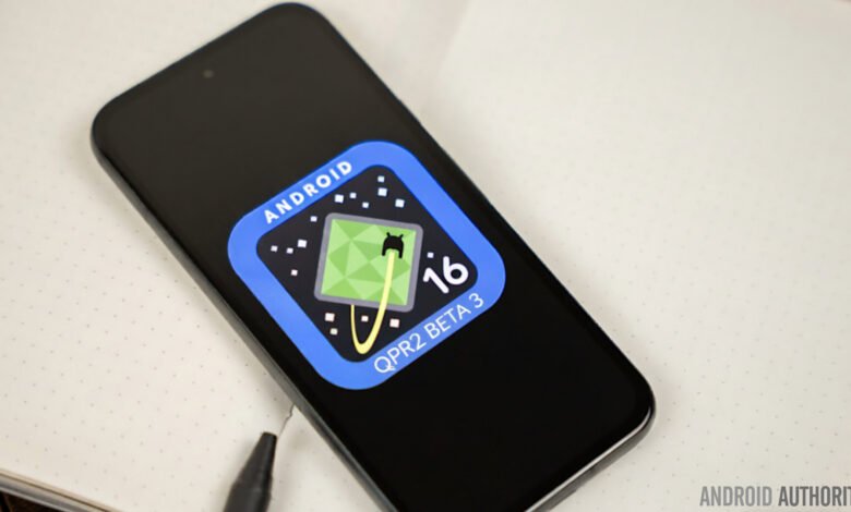 Smartphone displaying the Android 16 QPR2 Beta 3 logo with a stylized alien character.