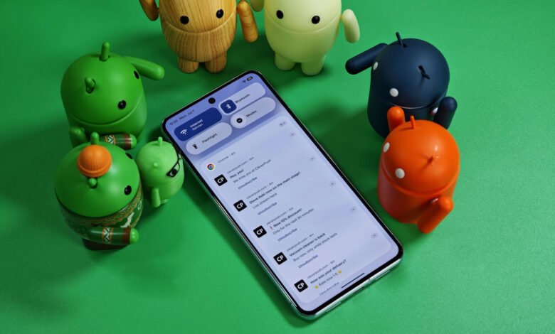 Several Android robot figurines surround a smartphone displaying notifications.