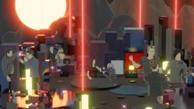 Avatars interacting in a futuristic digital cityscape with neon lights and abstract structures.