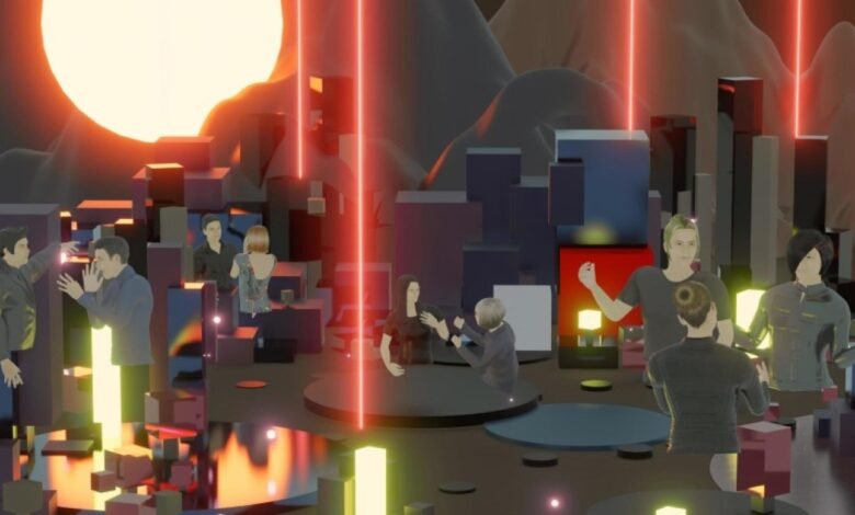 Avatars interacting in a futuristic digital cityscape with neon lights and abstract structures.