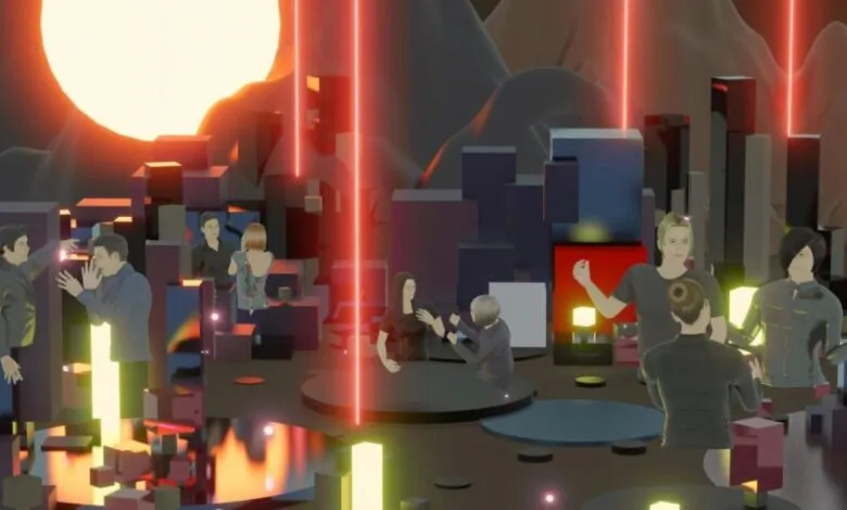 Avatars interacting in a futuristic digital cityscape with neon lights and abstract structures.