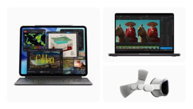 Collage of Apple devices showing software and a futuristic headset
