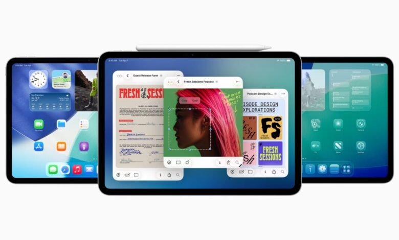 Three iPads displaying various apps and widgets, with an Apple Pencil resting on the top iPad.
