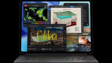 iPad Pro displaying multiple apps including weather, geology diagram, and video editing.