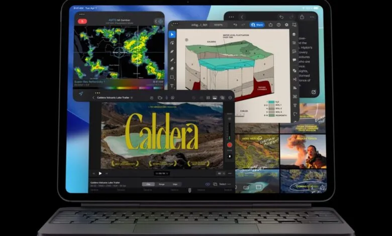 iPad Pro displaying multiple apps including weather, geology diagram, and video editing.