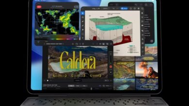 iPad Pro displaying multiple apps including weather, geological diagram, and video editing.