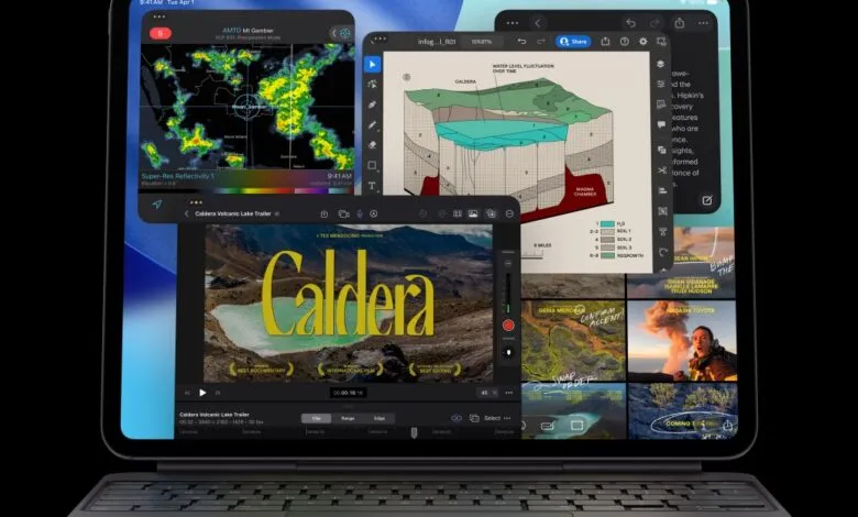 iPad Pro displaying multiple apps including weather, geological diagram, and video editing.