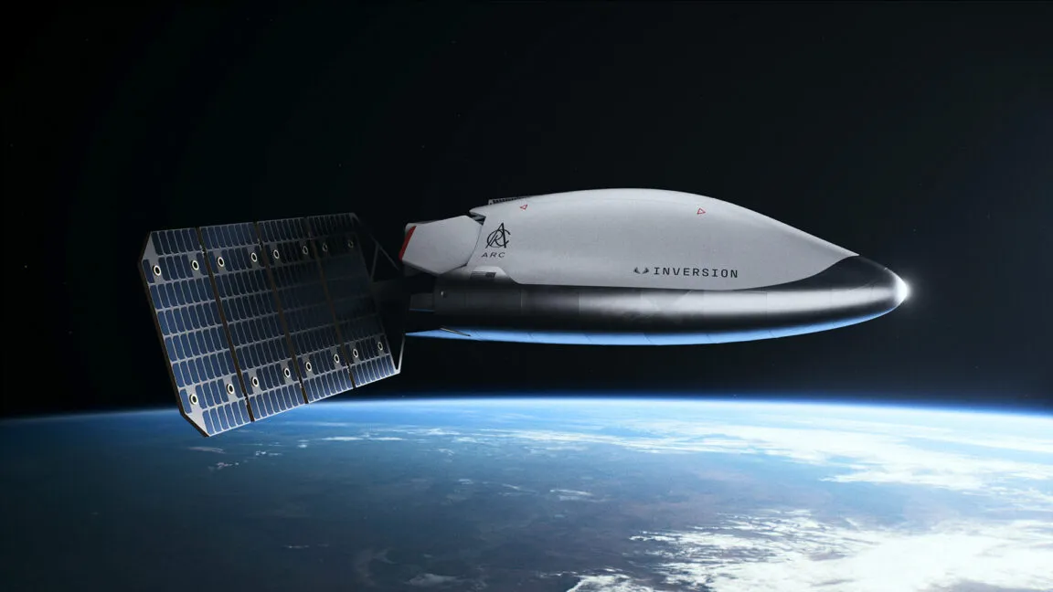 A futuristic spacecraft with solar panels orbits Earth.