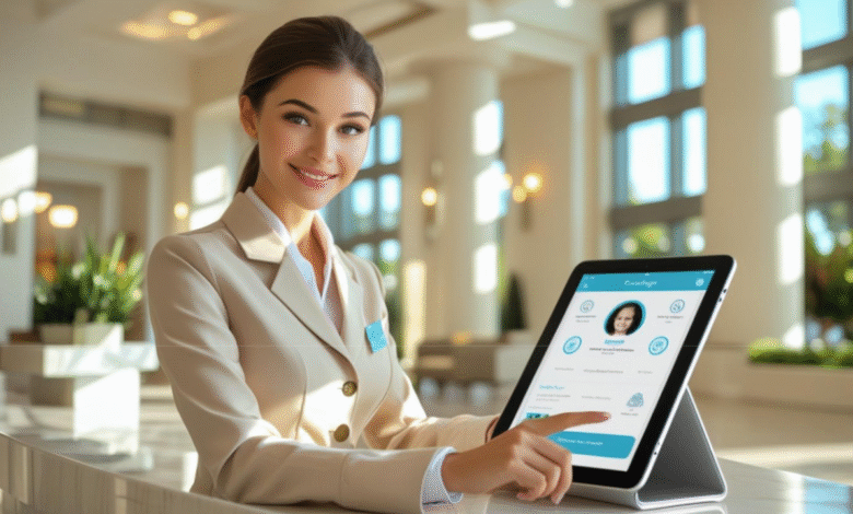 A smiling woman in a beige suit uses a tablet displaying a profile interface.