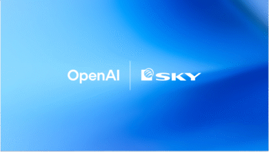 OpenAI and SKY logos displayed side-by-side on a gradient blue background.