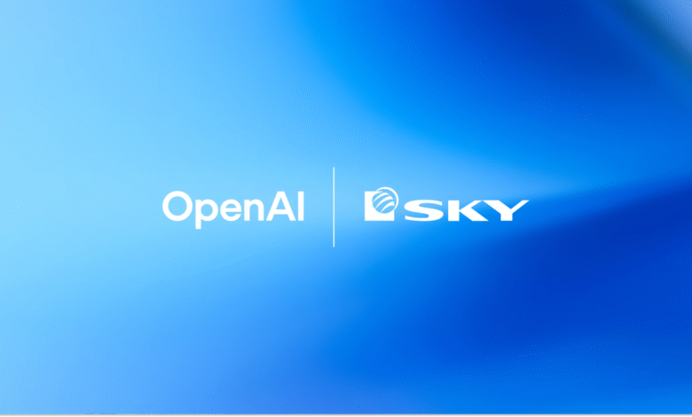OpenAI and SKY logos displayed side-by-side on a gradient blue background.
