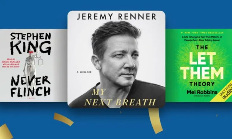 Three book covers displayed: Stephen King's 'Never Flinch', Jeremy Renner's memoir 'My Next Breath', and Mel Robbins' 'The Let Them Theory'.