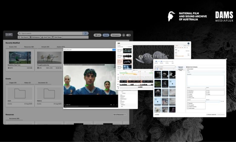 Screenshots of DAM Mediaflux software interface with National Film and Sound Archive of Australia logo.