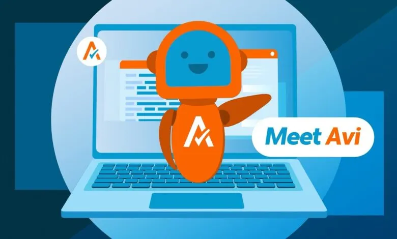 An orange robot character named Avi stands in front of a laptop screen displaying code.