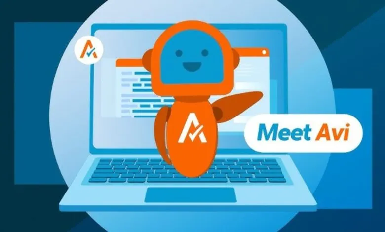 Orange robot character named Avi on a laptop screen with 'Meet Avi' text.