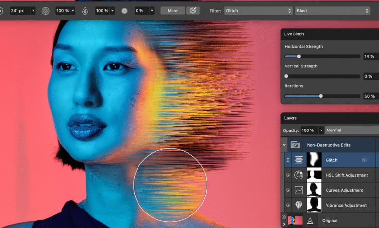 Close-up of a woman's face with a glitch effect applied, showing digital distortion.
