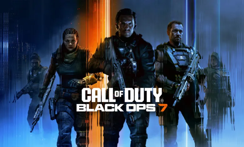 Call of Duty Black Ops 7 characters in tactical gear with guns, city skyline background.