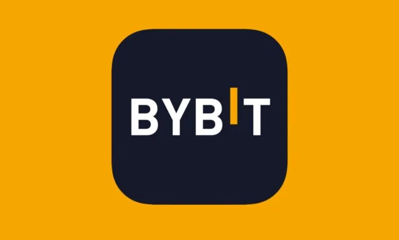 Bybit logo with white text on a dark blue rounded square against an orange background.