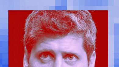 Close-up of Sam Altman's eyes and hair against a red and blue background.