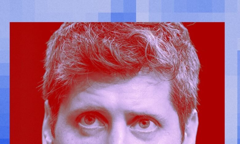 Close-up of Sam Altman's eyes and hair against a red and blue background.
