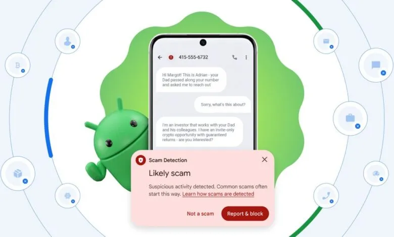 Android mascot next to a smartphone displaying a scam detection alert.