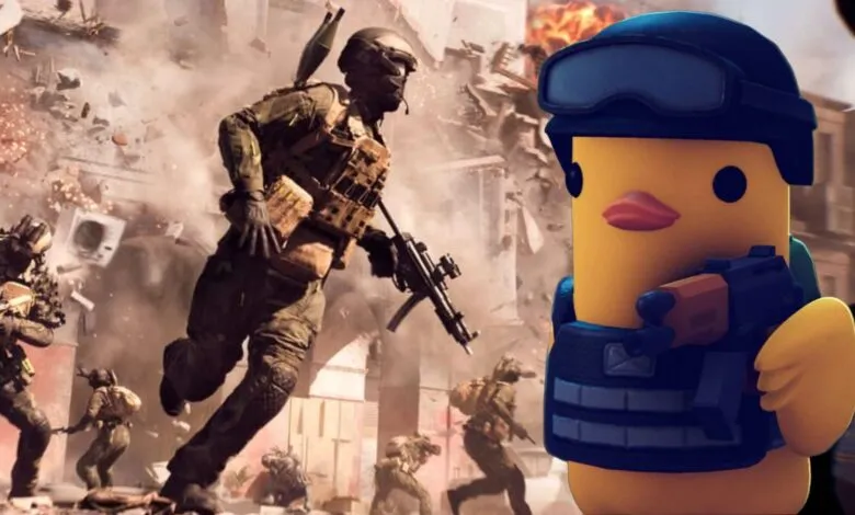 A cartoon duck in tactical gear holding a toy gun, superimposed over a chaotic battlefield scene.