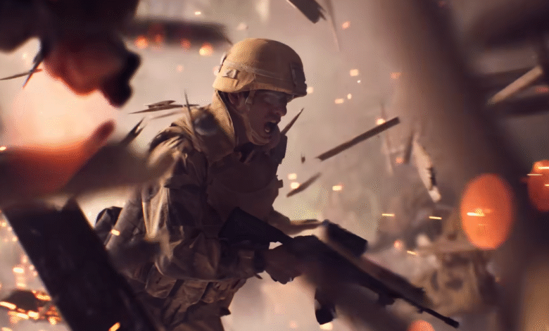 Soldier in tactical gear running through debris and explosions, holding a rifle.