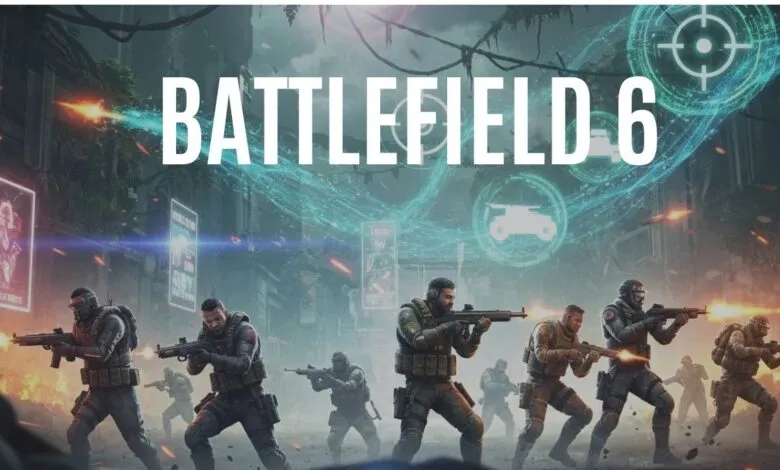 Soldiers in tactical gear advancing with rifles, amidst explosions and futuristic HUD elements.