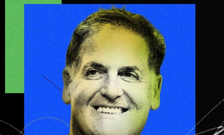Close-up portrait of Mark Cuban with a halftone effect, against a vibrant blue background.