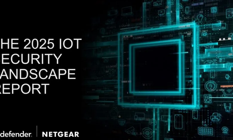 The 2025 IoT Security Landscape Report cover with Bitdefender and Netgear logos.