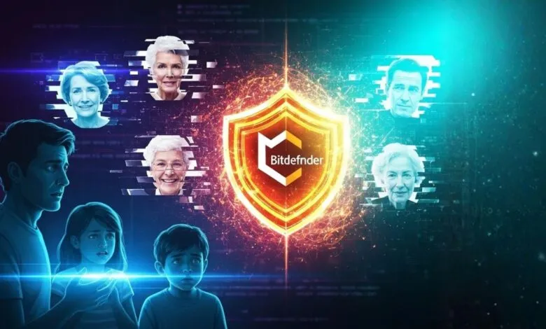 Bitdefender shield protecting a family from digital threats represented by fragmented faces.