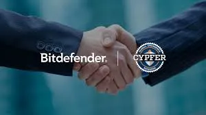 Two business professionals shaking hands, with Bitdefender and CYPFER logos overlaid.