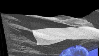 A black and white abstract image of a flag waving against a black background, with a hint of blue at the bottom.