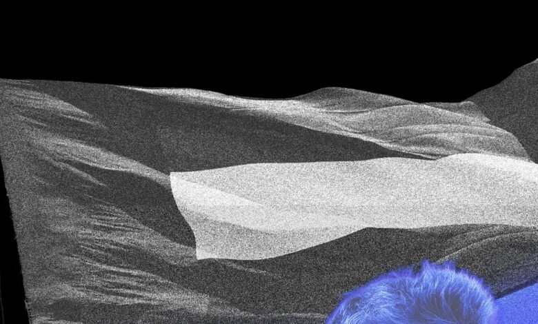 A black and white abstract image of a flag waving against a black background, with a hint of blue at the bottom.