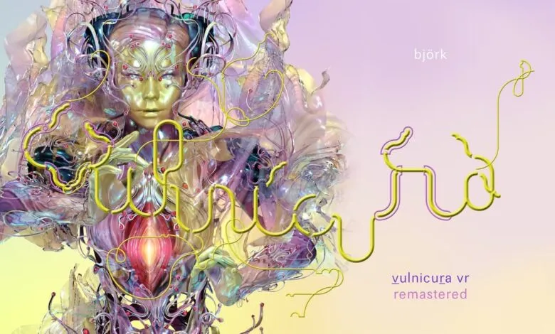 Björk's golden face with intricate, colorful, and translucent digital art surrounding her.
