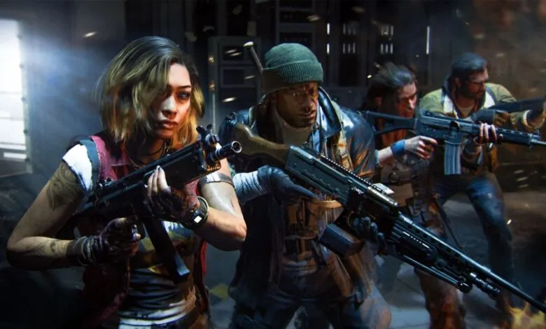 Four diverse characters in tactical gear aiming assault rifles in a dimly lit, action-packed scene.