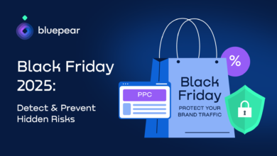 Bluepear logo and Black Friday 2025 graphic with shopping bag, PPC ad, and security shield.