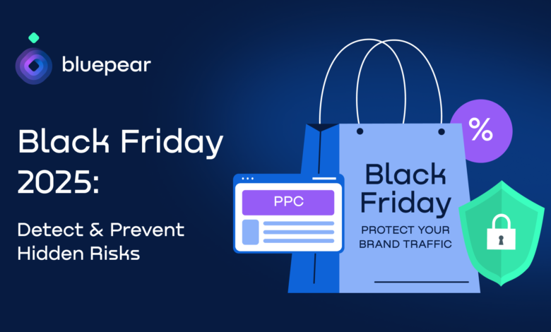 Bluepear logo and Black Friday 2025 graphic with shopping bag, PPC ad, and security shield.