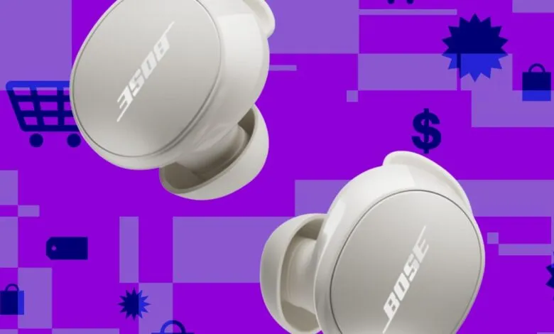 Two white Bose QuietComfort earbuds on a vibrant purple background with shopping icons.