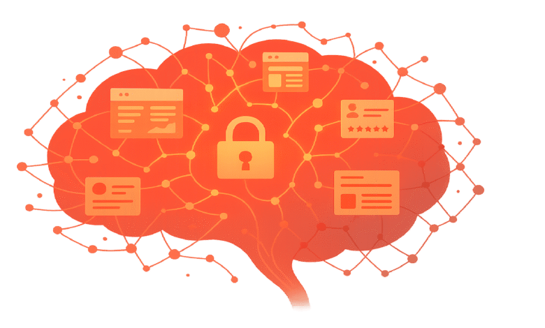 Illustration of a brain with a lock icon and data cards, representing AI security and data protection.
