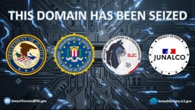 Image announcing the seizure of a domain with logos of law enforcement agencies.