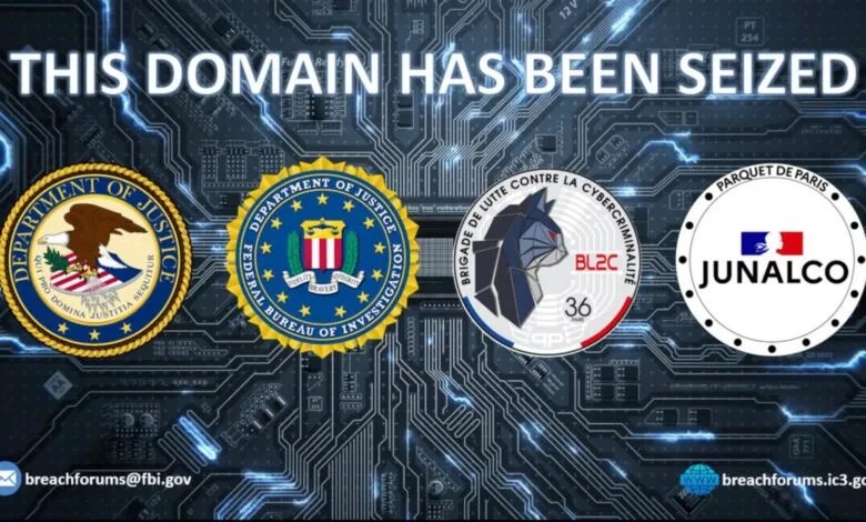 Image announcing the seizure of a domain with logos of law enforcement agencies.