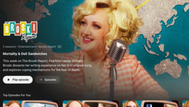 Brittany Brosky smiles in front of a microphone with a glittery world map background.