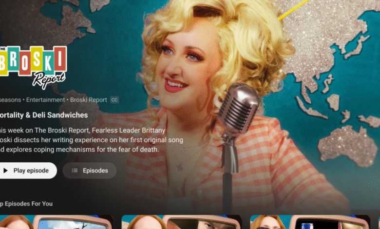 Brittany Brosky smiles in front of a microphone with a glittery world map background.